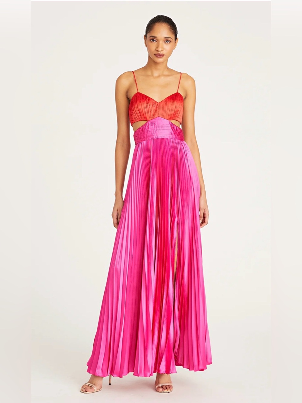 Amur Elodie gown Hot Pink and Red Pleated Cutout Maxi Dress